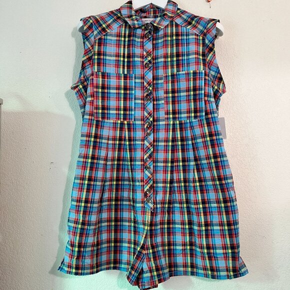 Urban Outfitters Womens Zoey Workwear Romper Medium Short Sleeve Plaid Blue Red - Picture 1 of 11
